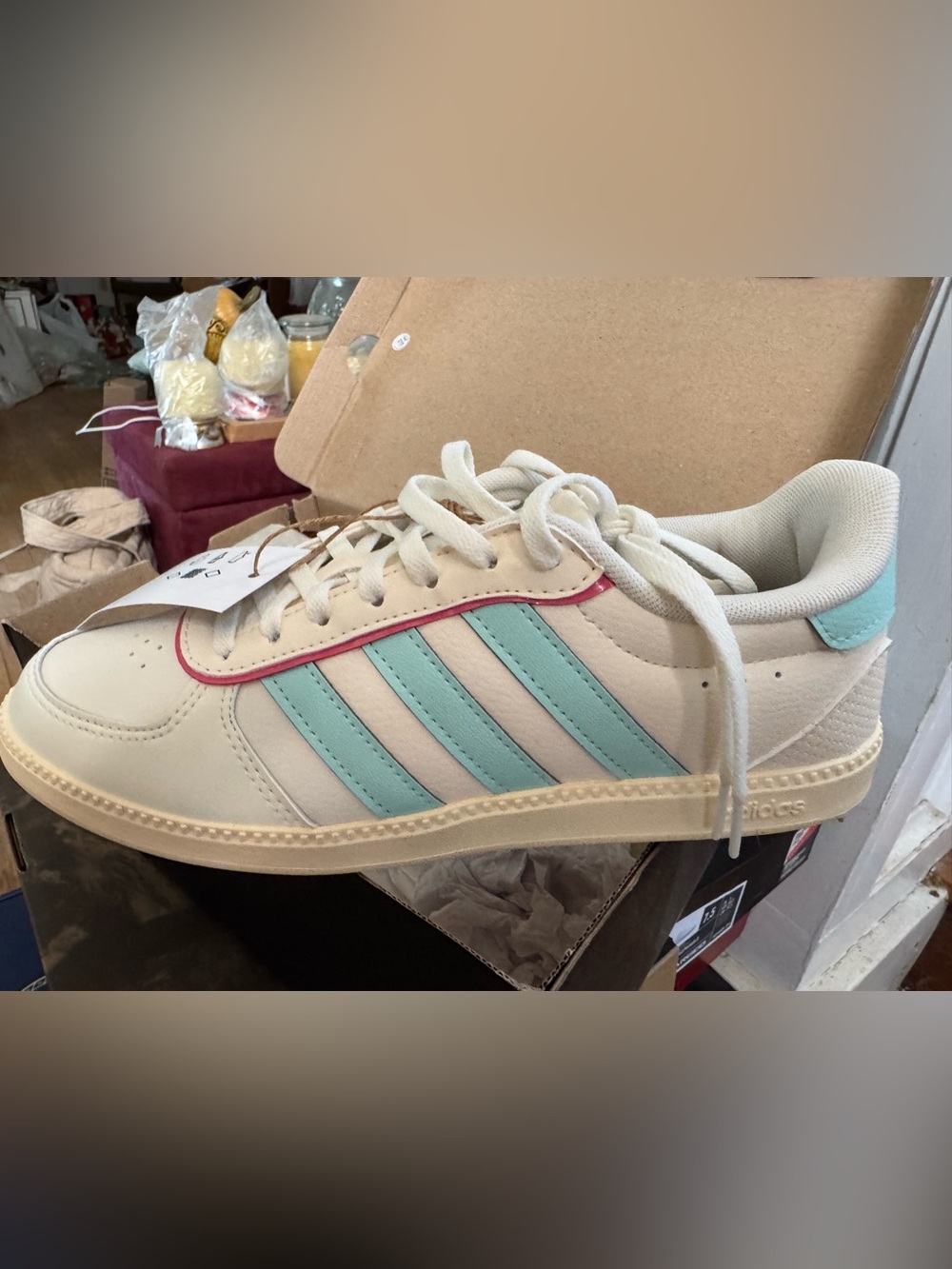adidas Women's Cream Sneakers with Mint Stripes and Pink Trim